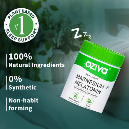 Oziva Magnesium Melatonin For Stress, Anxiety & Sleep | With Bacopa Monnieri Extract | Non-Addictive, Non-Habit Forming | 60 Vegetarian Tablets