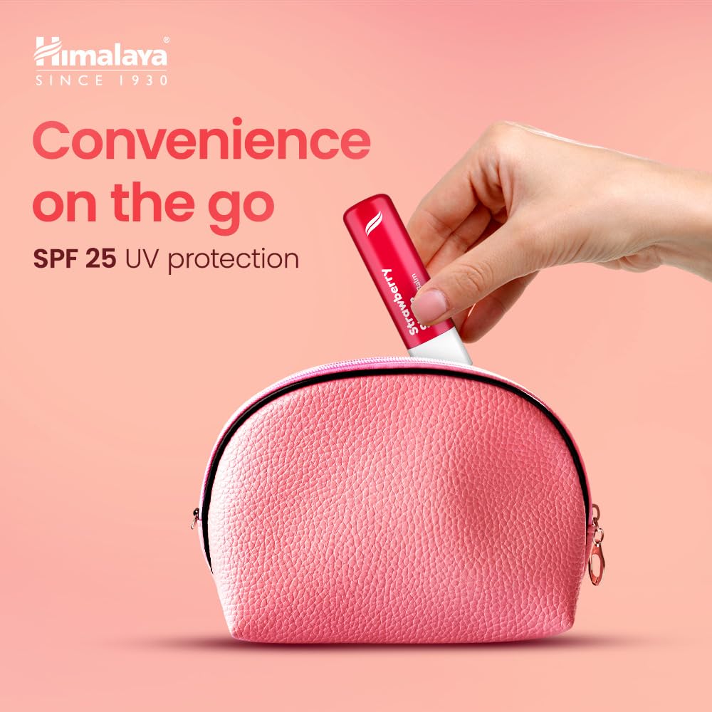 Hand holding a red Himalaya sunscreen stick above a pink pouch with 'Convenience on the go' text on a pink background.