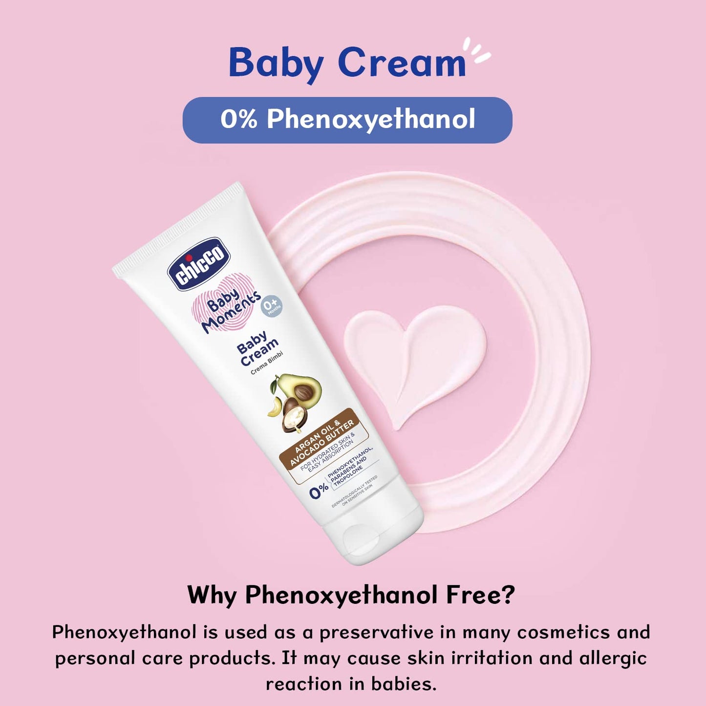 Chicco Baby Moments Baby Cream for Babies with Argan Oil & Avocado Butter, 100g| Natural Ingredients for Hydrated Skin | Dermatologically Tested | Phenoxyethanol, Parabens & Lauryl sulphates free