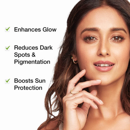 Woman with glowing skin, dark spots reduced, and sun protection boosted, with text on a white background.