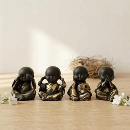 Set of 4 Meditating Monk Baby Buddha Idols | See Hear Speak Pray No Evil Figurines for Home Decor, Living Room, Office Desk | Decorative Spiritual Showpiece Gift Set