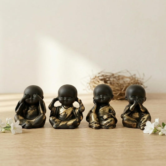 Set of 4 Meditating Monk Baby Buddha Idols | See Hear Speak Pray No Evil Figurines for Home Decor, Living Room, Office Desk | Decorative Spiritual Showpiece Gift Set