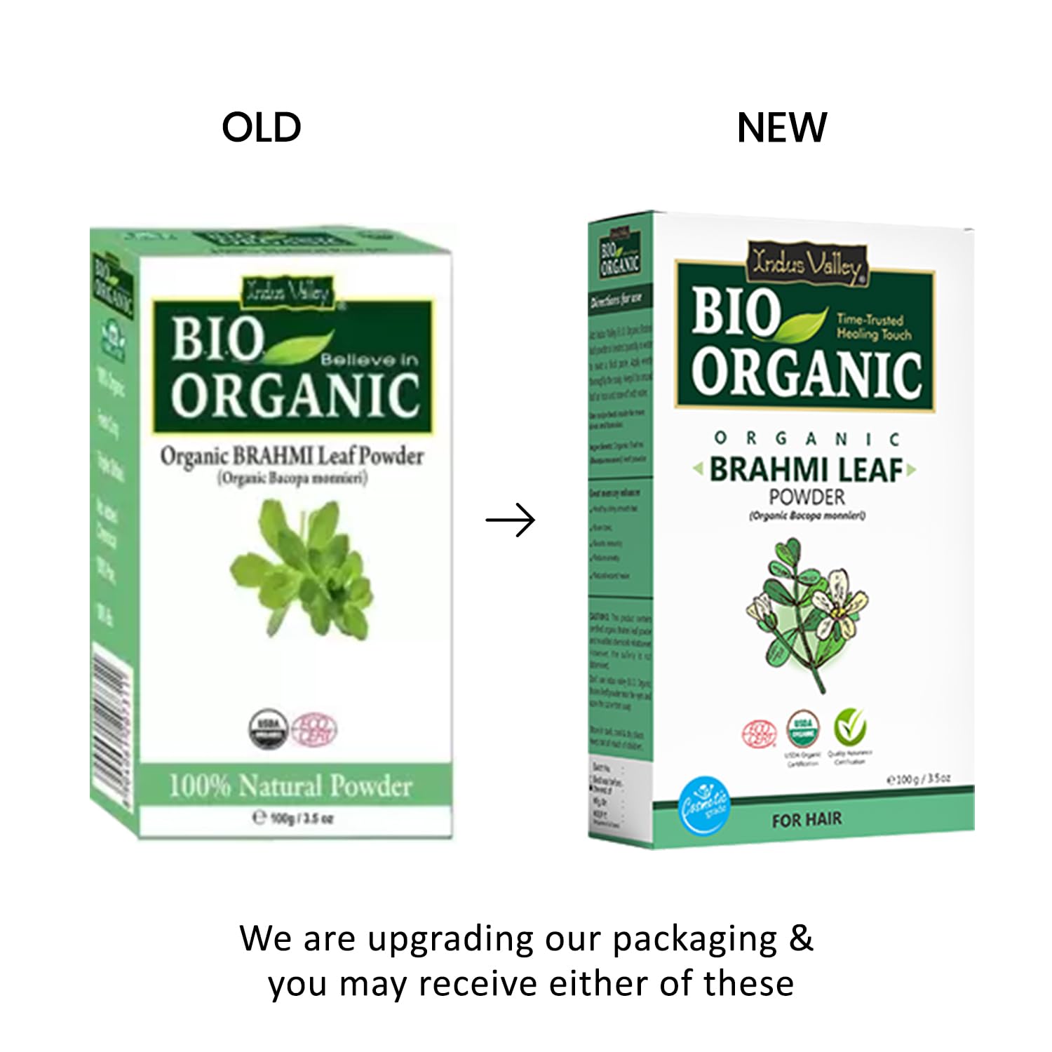 Comparison of old and new Bio Organic Brahmi Leaf Powder packaging on a white background.