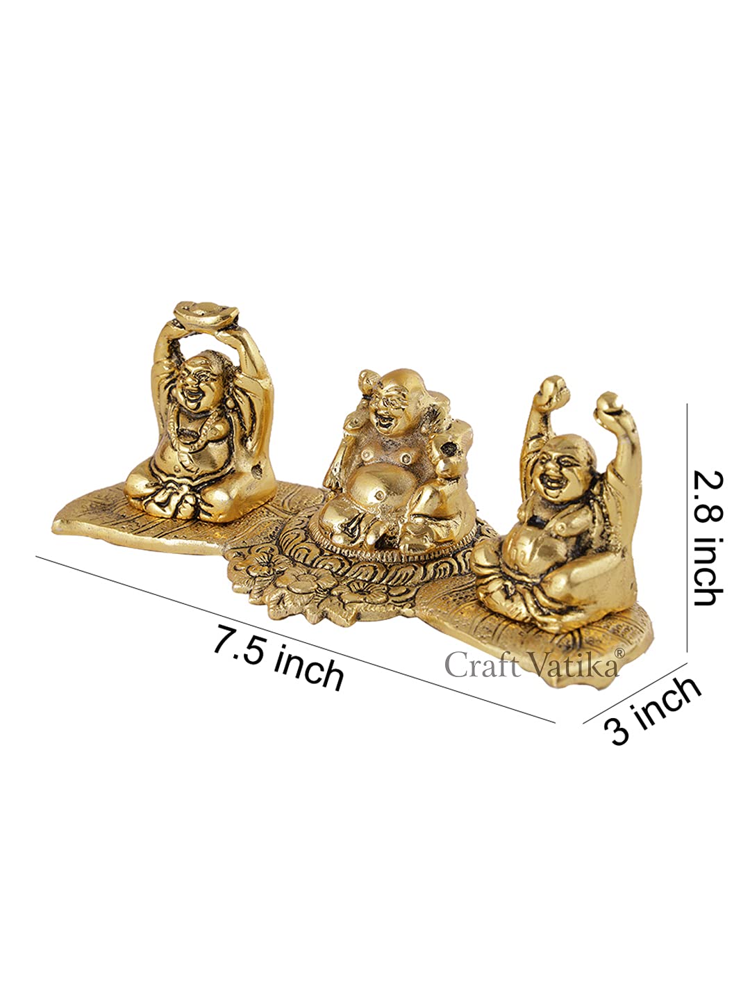 Metal Laughing Buddha Statue for Money, Wealth, Fengshui Vastu and Good Luck (Golden, 7.5 Inches Length x 2.8 Inches Height x 3 Inches Width), Idol