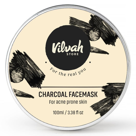 Vilvah Charcoal Face Mask | Eliminates Blackheads & Whiteheads | Targets Acne, Controls Excess Oil & Minimises Pores | Detoxifies & Unclogs Pores | With Activated Charcoal, Tea Tree Hydrosol & Aloe Vera | For Men & Women | 100g