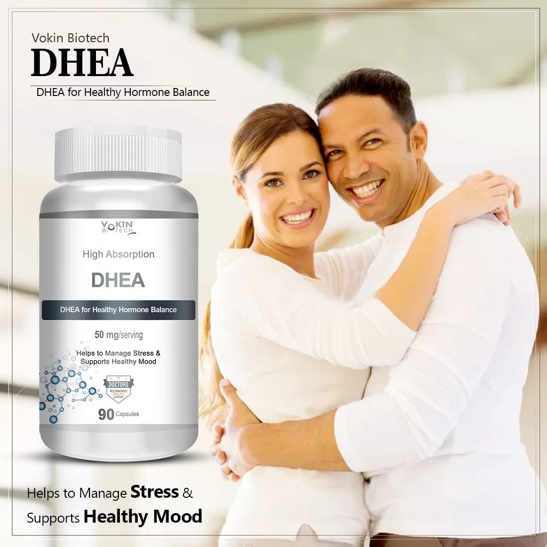 Vokin Biotech DHEA supplement bottle with a couple embracing in the background