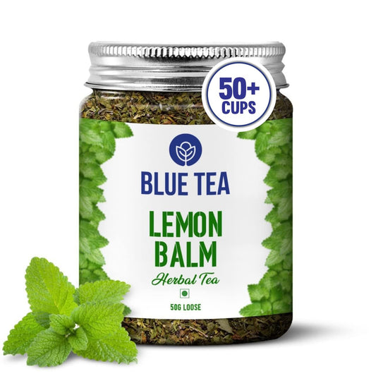BLUE TEA - Lemon Balm Tea - 50gm - 50+ Cups | RELIEVES STRESS | REDUCES BLOATING | IMPROVES DIGESTION | Leaf Based - Caffeine Free - Relaxing | Reusable Pet Jar