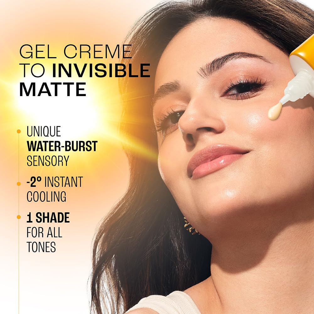 Woman applying gel crème to her face with product details on a yellow background