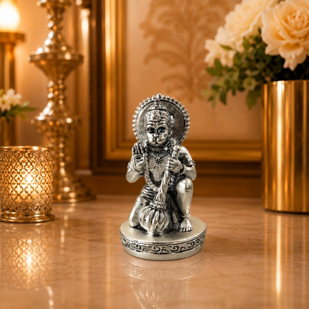 Gold Art India Hanuman Idol 999 Silver Plated | 2.8 Inch Antique Matte Bajrangbali Murti with Velvet Gift Box for Home Temple, Office Desk & Car Dashboard