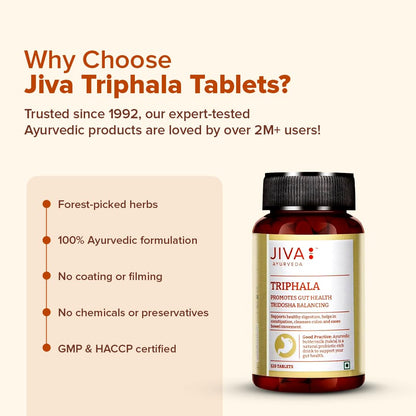Jiva Triphala Tablet | 100% Ayurvedic Formulation Improves Digestion, Promotes Gut Health & Relives Constipation | Balances 3-Doshas | Excellent For Eye & Hair Issues - 120 Tablets
