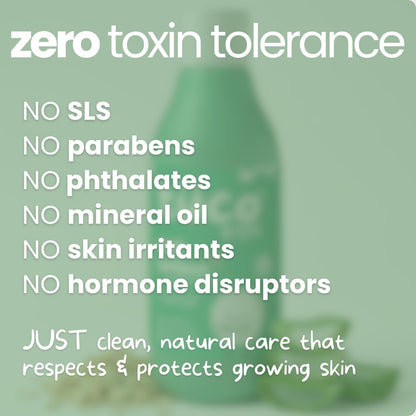 Product with 'zero toxin tolerance' text highlighting ingredients not used, on a light green background.