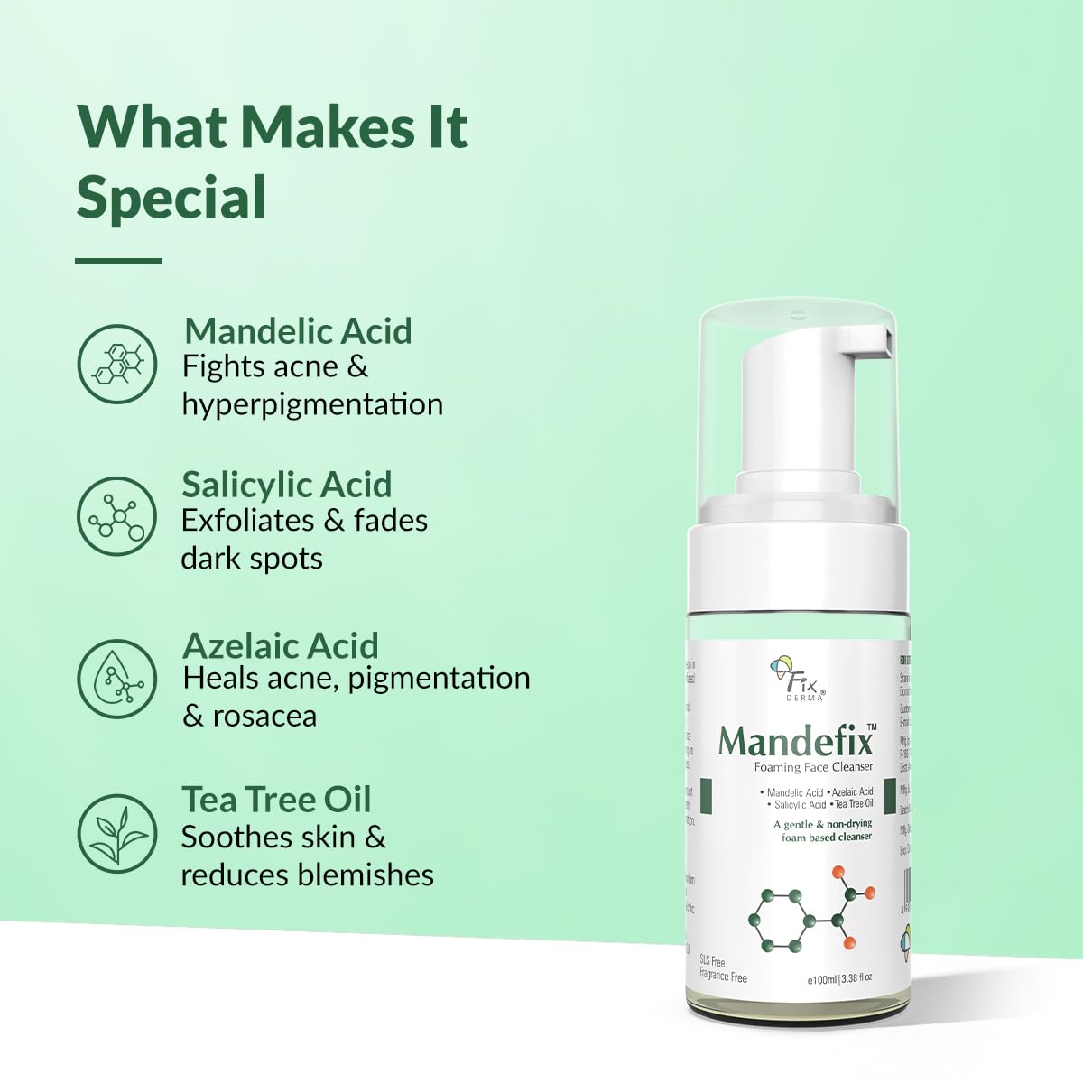 Fixderma Mandefix Foaming Cleanser with 2% Salicylic Acid | Nondrying Cleanser, Exfoliator, Reduces Skin Ageing | Salicylic Acid Face Wash for Sensitive and Acne Prone Skin - 100ml
