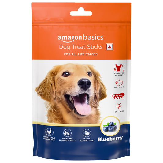 Amazon Basics Dog Treat Sticks 140 gm, Chewy Meat Sticks for Adult Dogs and Puppies, High Protein Dog Treats for Training and Snacks, Made of Real Chicken Meat, Ziplock Pack, Blueberry Flavor