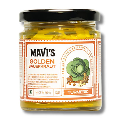MAVI's Golden Sauerkraut| Spicy, Organic & Natural Cabbage & Fresh Turmeric | Gut friendly | Vegan | No Preservatives | No Artificial Flavour or Colour | 200g (Pack of 1)