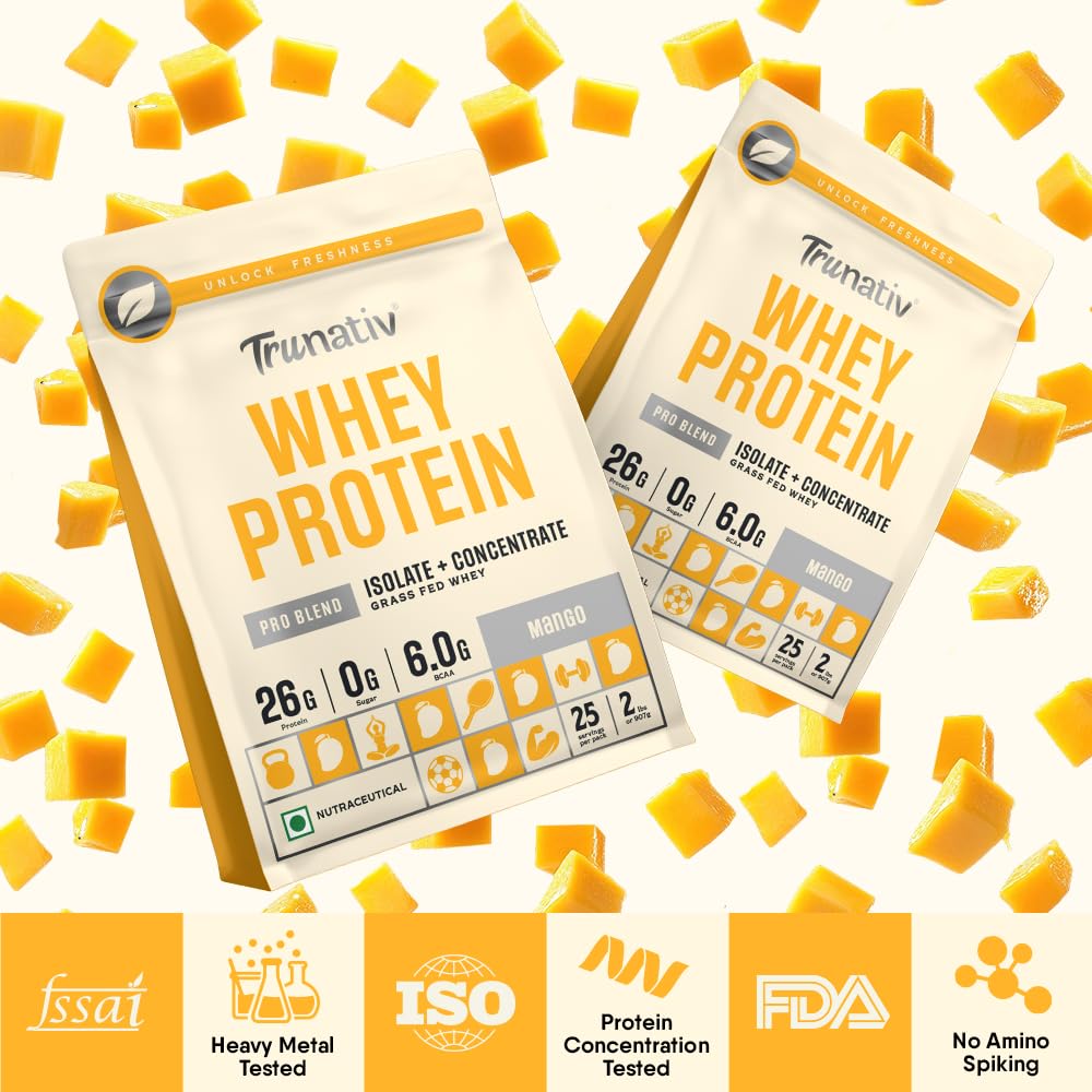 Trunativ Pro Blend Whey Protein Powder Isolate & Concentrate | 100% Light & Clean Protein Powder | 26g Protein | 6g BCAA | 12.52g EAA | No added sugar | Mango 2lbs (907g)