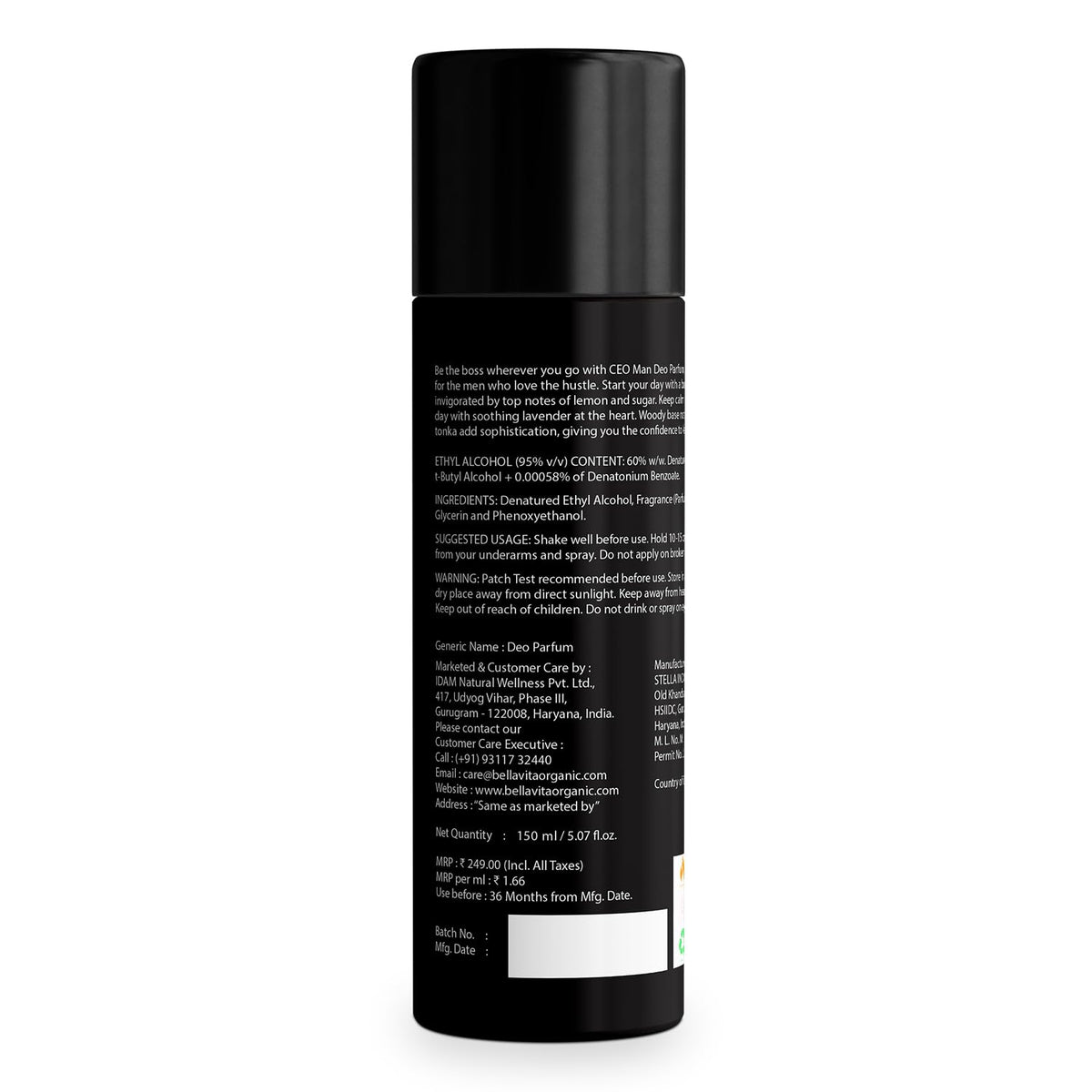 Black spray bottle with text on a white background