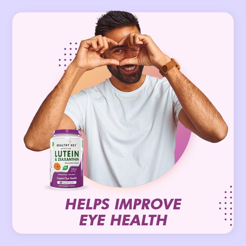 Man holding a supplement bottle with text about improving eye health on a light purple background