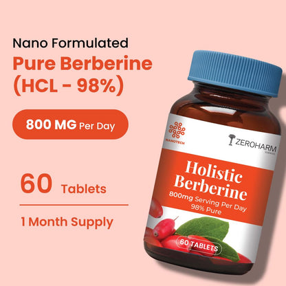 ZEROHARM Holistic Nano Berberine Supplement 98% Pure | Plant-based Berberine Tablets with 800mg per serving | Supports Blood Sugar, Metabolism, Cholesterol Levels & Hormonal Balance | 60 Tablets