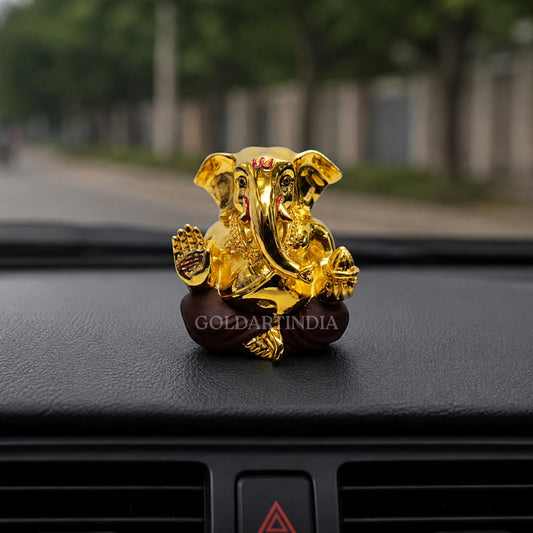Gold Art India Ceramic God 5X4X4 Cm Ganesh Idol for Car Dashboard Small Ganesha Murti Ganpati Idol for Home Decor Puja Lord Ganesh Statue Gift for Office Desk Puja Room Figurine