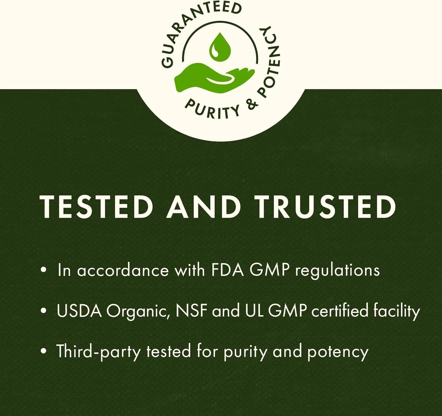 Certification badge for purity and potency with text on a green background