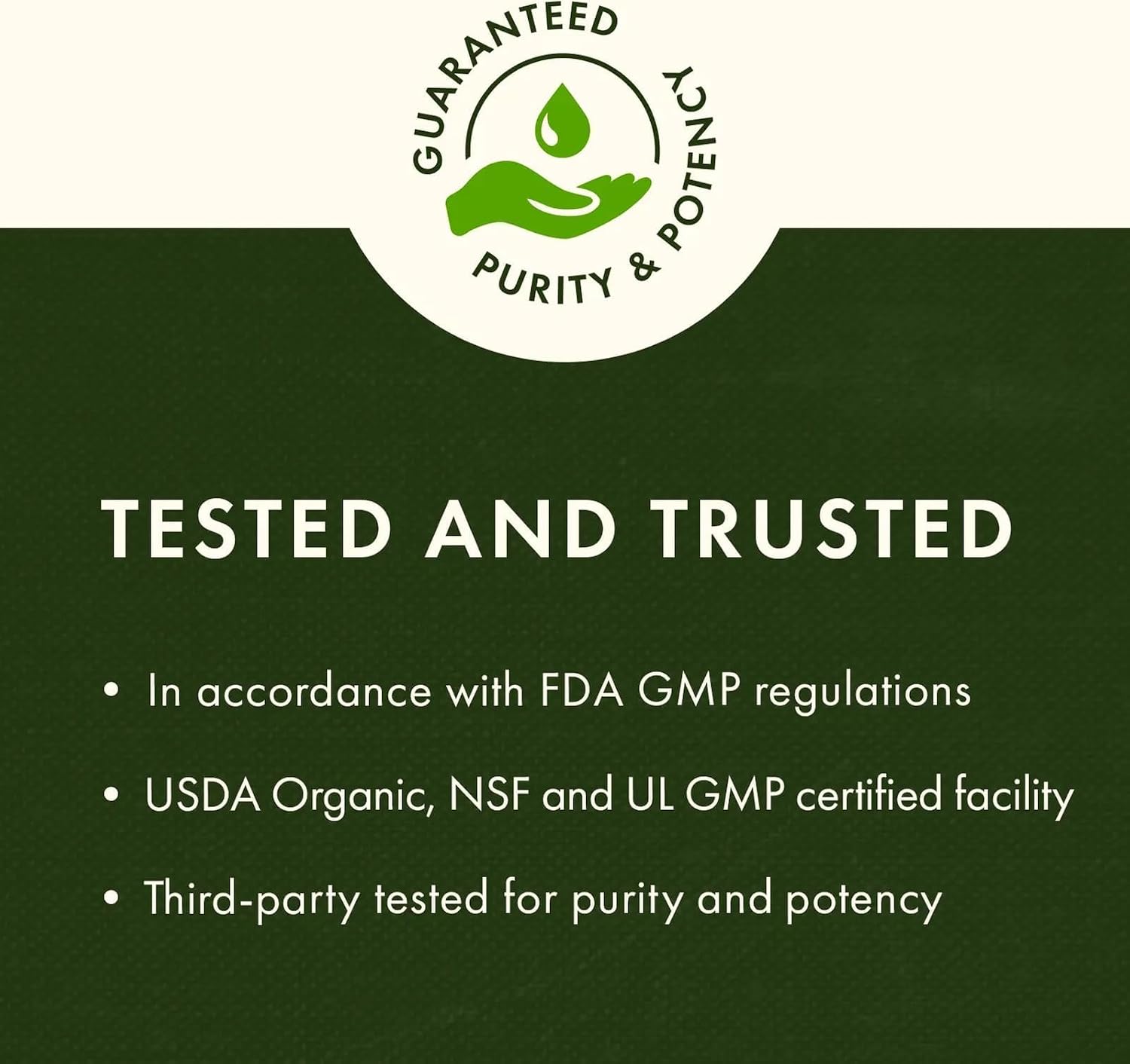 Certification badge for purity and potency with text on a green background