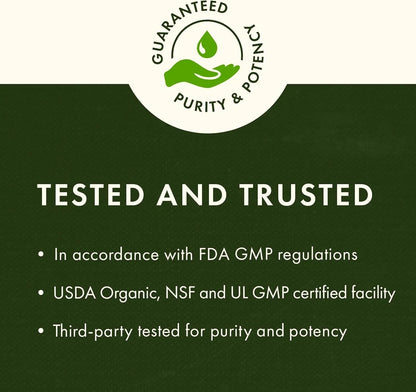 Certification badge for purity and potency with text on a green background