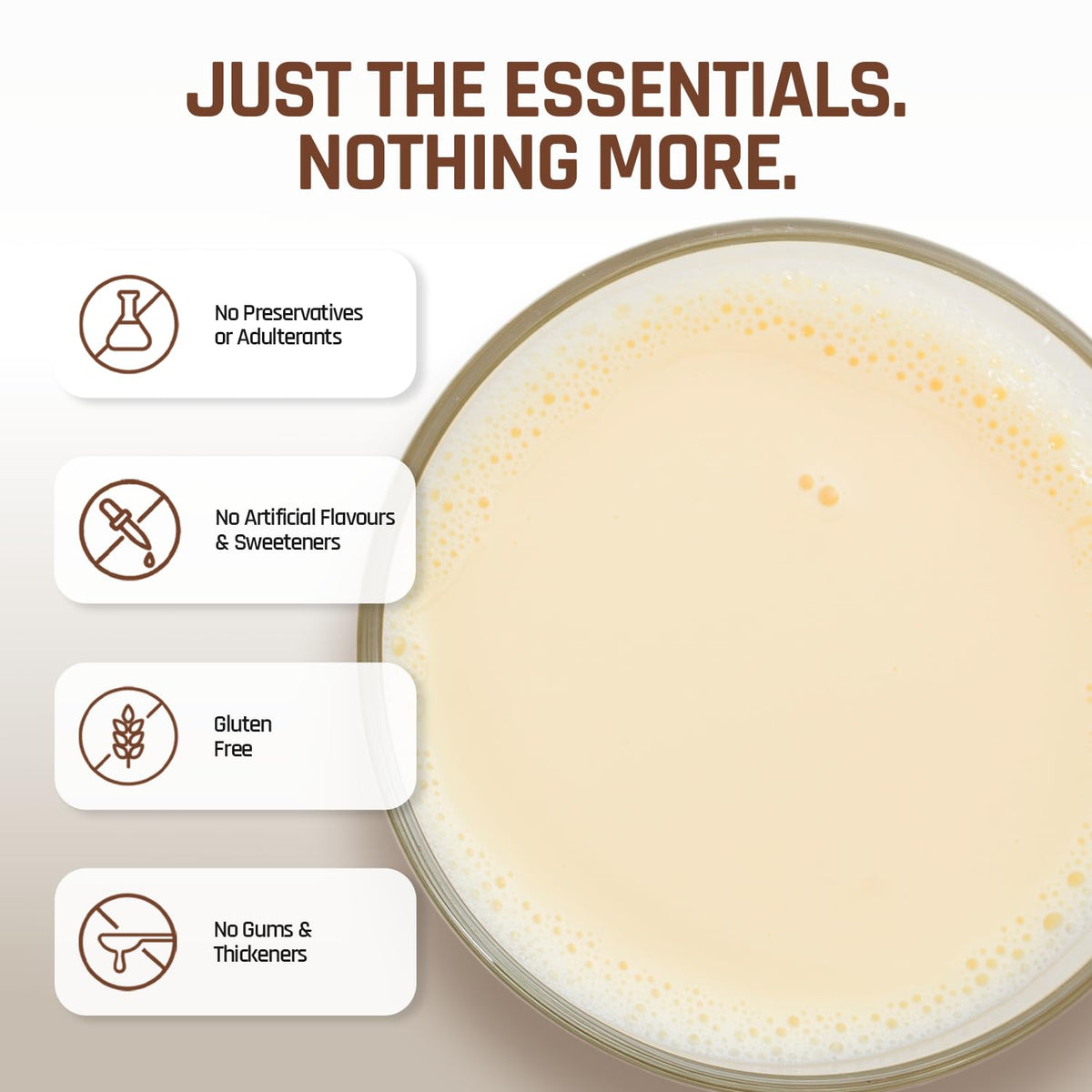 Glass of milk with health benefits text and icons on a beige background