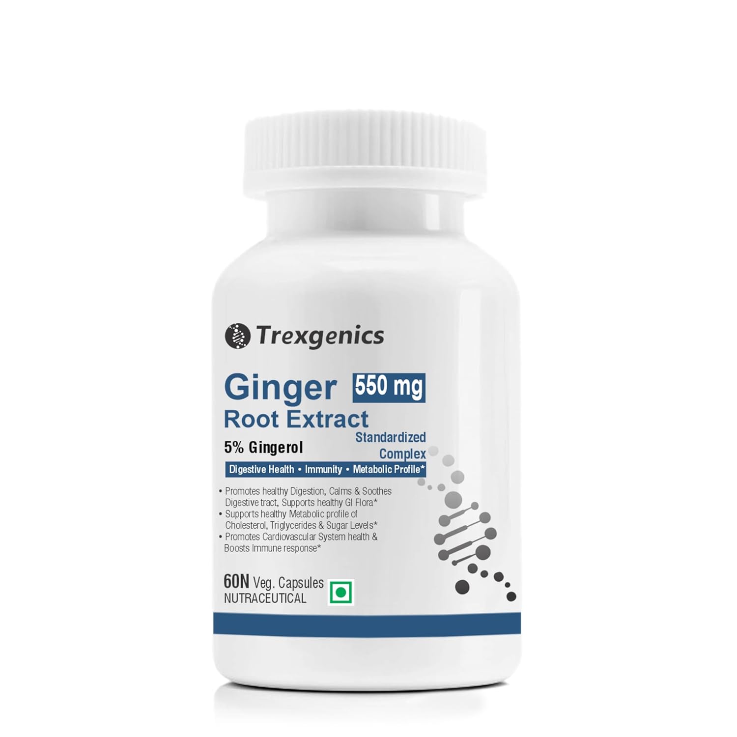 Trexgenics Ginger Root Extract supplement bottle on a white background