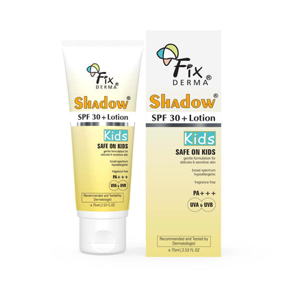Fixderma Shadow Sunscreen SPF 30+ Lotion for Kids PA+++ | Sensitive Skin, Body & Face | Broad Spectrum Sunscreen for UVA & UVB Protection,Non Greasy & Water Resistant - 75gm