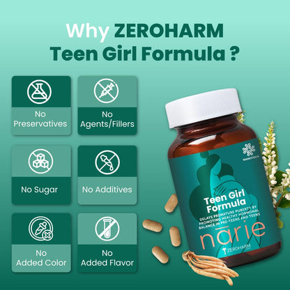 ZEROHARM Narie Teen Girl Formula | Shatavari, Ashwagandha & Chaste Berry Extract | Supports Puberty, Regular Cycles, Hormone Balance, Mood Swings, and Period Cramps for Women & Girls | 60 Tablets
