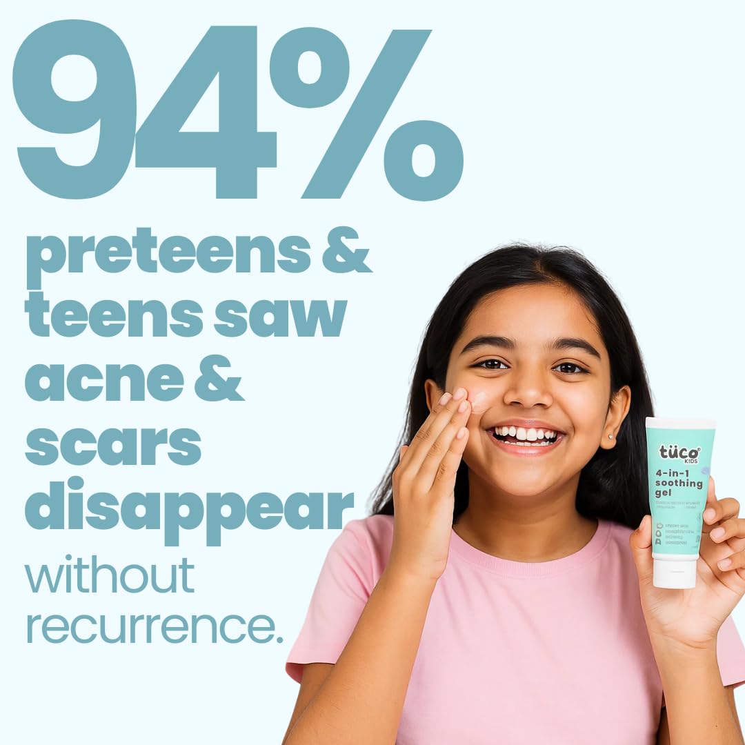 Girl holding a skincare product with text about its effectiveness on acne and scars.