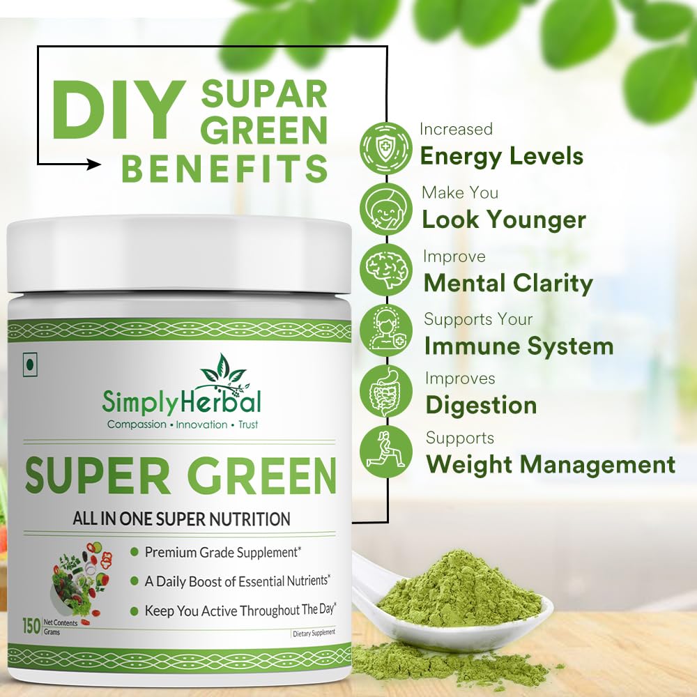 Simply Herbal Super Greens & Herbs Mix – Detox & Digestive Support with Spirulina, Amla, Chlorella & Antioxidants – 150g