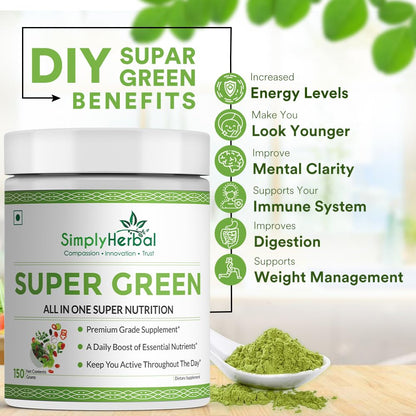 Simply Herbal Super Greens & Herbs Mix – Detox & Digestive Support with Spirulina, Amla, Chlorella & Antioxidants – 150g