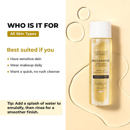 Conscious Chemist oil cleanser bottle with text on a beige background