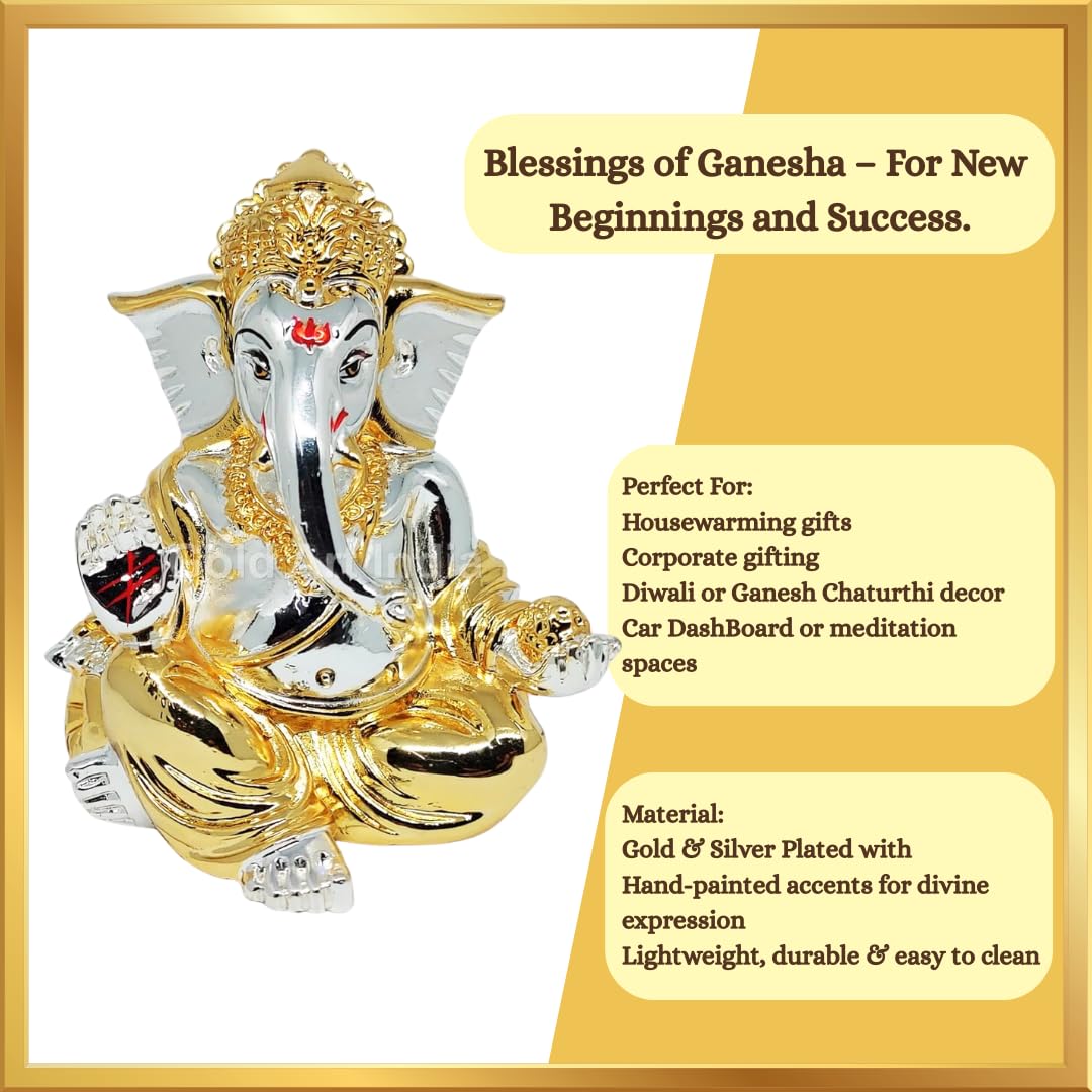 Gold Art India Gold and Silver Plated gaddi Ganesha Idol | Ganpati Bappa Murti | for Home Decor Puja Lord Ganesh Statue Gift for Office Desk Puja Room Figurine, Car Dashboard, House Warming (7.6 x 7.6 x 8.8)