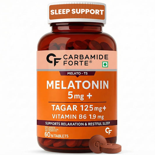 Carbamide Forte Melatonin 5mg Sleep Tablets – Sleeping Pills with 125mg Tagar & Vitamin B6 for Deep Sleep, Restful Nights, and Effective Sleep Dose | for Women & Men – 60 Veg Tablets