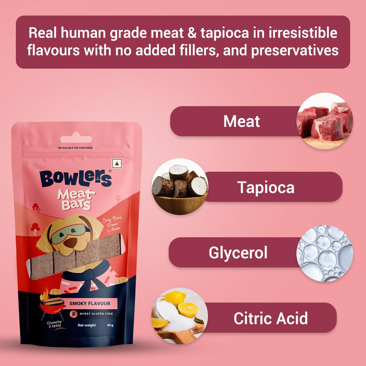 Bowlers Dog Treats Smoked Flavour Meat Sticks| 70g | Good for Dental Hygiene | High on Protien|Low in Fat | Grain Free | Handmade Treats