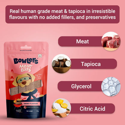 Bowlers Dog Treats Smoked Flavour Meat Sticks| 70g | Good for Dental Hygiene | High on Protien|Low in Fat | Grain Free | Handmade Treats