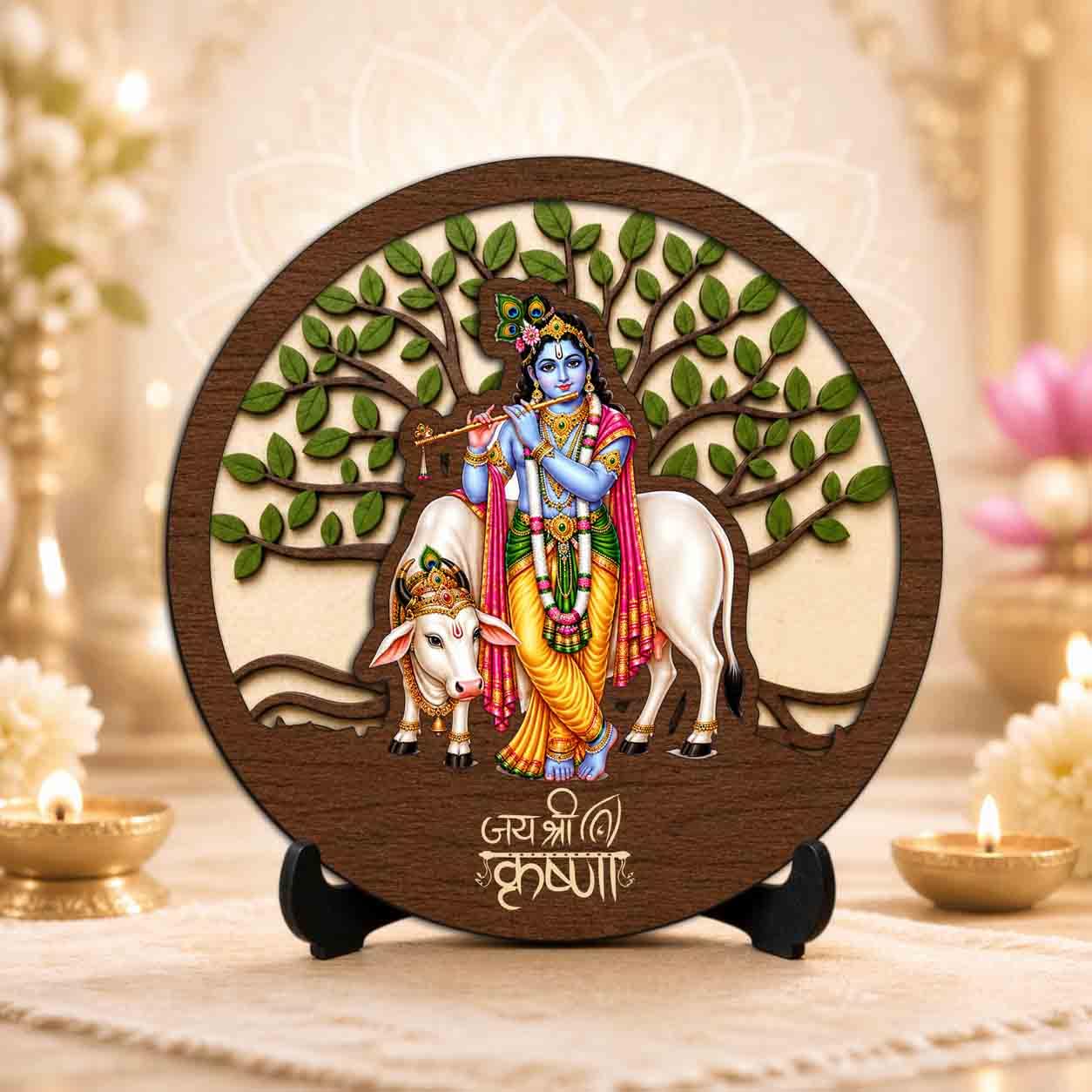 Plan To Gift Krishna Ji Wooden Murti for Home Mandir, Prayer Room, Table Top Decor & Spiritual Gifting - 5x5 Inch