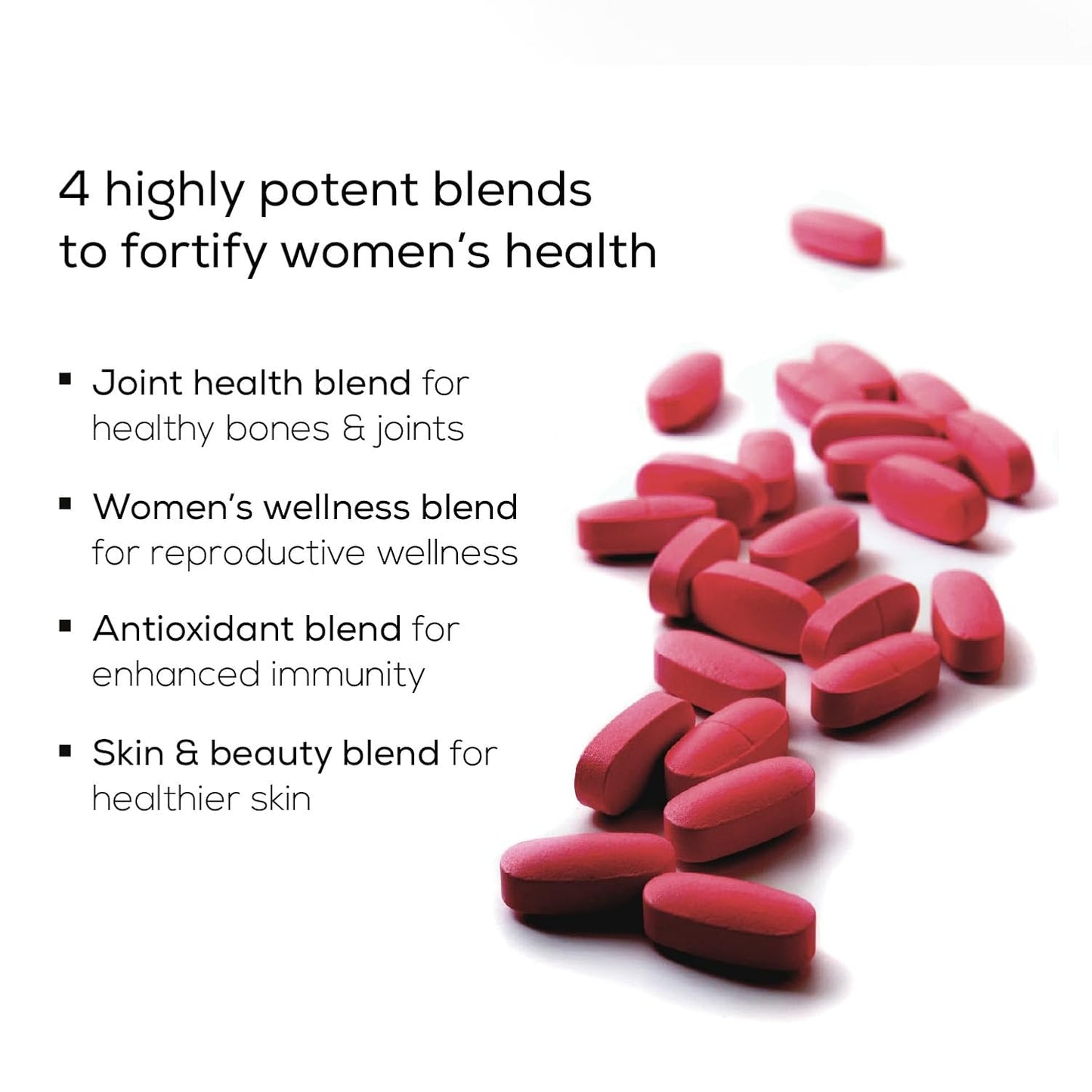 Red pills arranged in a pattern on a white background with text about women's health blends.