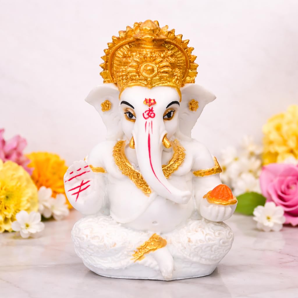 White & Gold Ganesh Idol with Decorative Foam Flower – 3.5 Inch Polyresin Ganesha for Car Dashboard, Home, Office & Housewarming Gift – Auspicious Vastu Decor