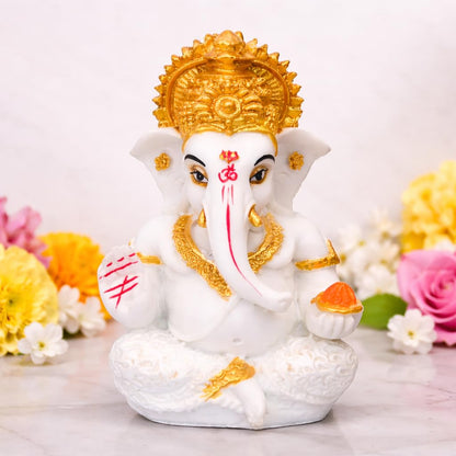 White & Gold Ganesh Idol with Decorative Foam Flower – 3.5 Inch Polyresin Ganesha for Car Dashboard, Home, Office & Housewarming Gift – Auspicious Vastu Decor