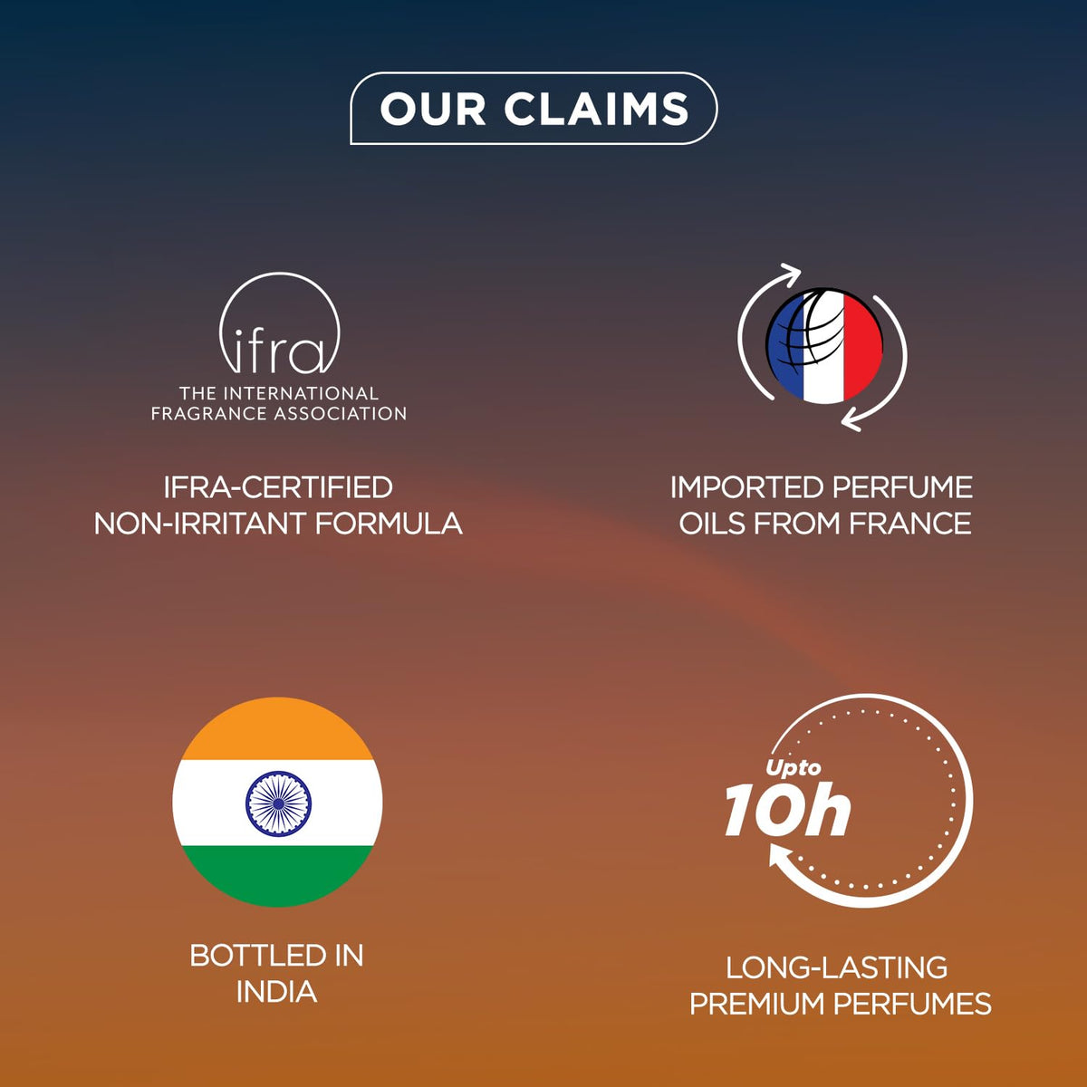 Promotional graphic with claims about perfume quality and origin on a gradient background