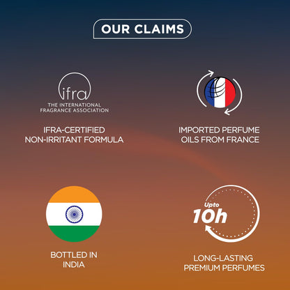 Promotional graphic with claims about perfume quality and origin on a gradient background