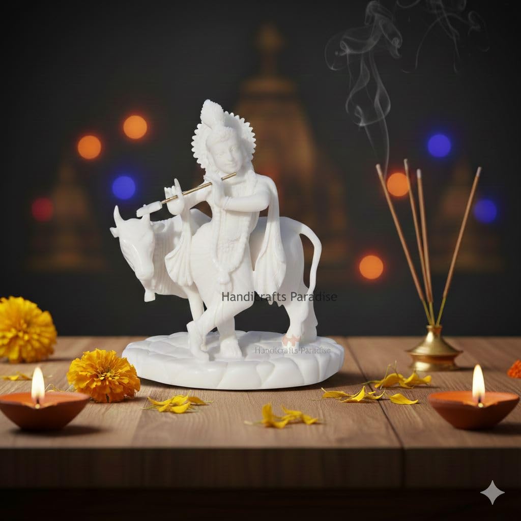 Handicrafts Paradise Carved in Resin Krishna with Cow - 5.5 Inch