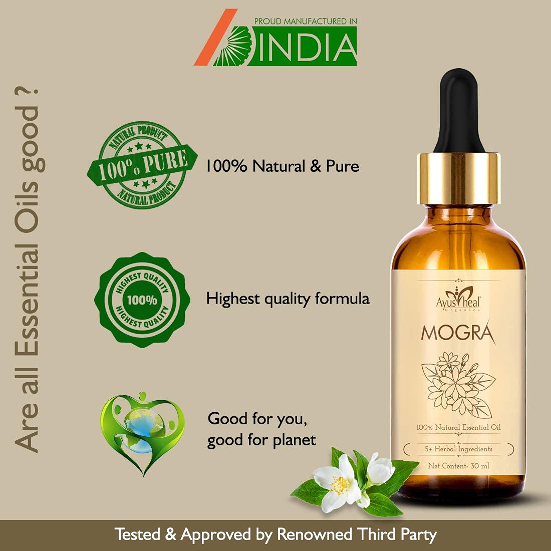 Essential oil dropper bottle with branding and product information on a beige background