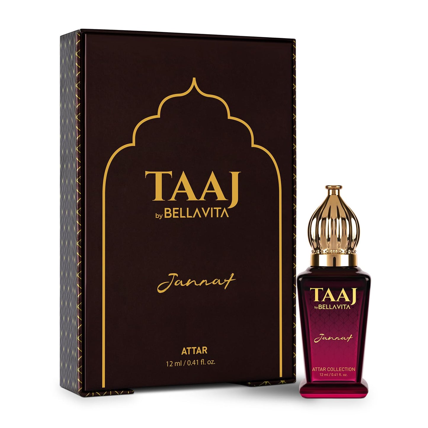 TAAJ by Bellavita Attar bottle and packaging on a white background