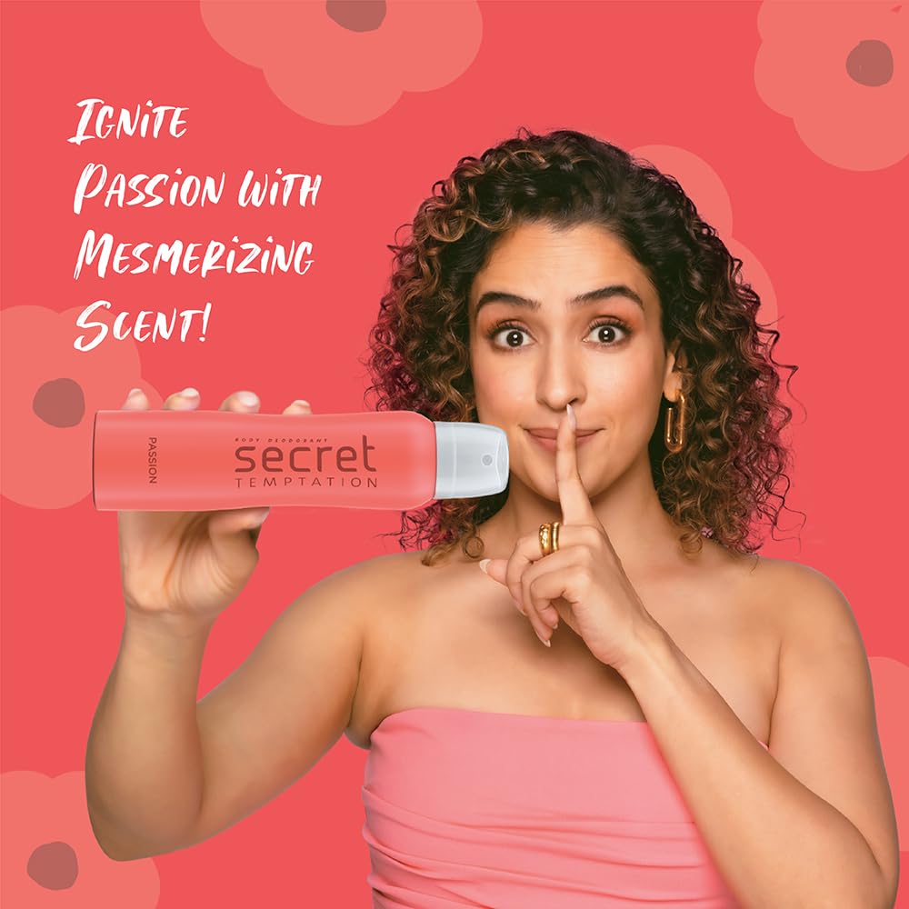 Woman holding a Secret Temptation product with a pink background and text.
