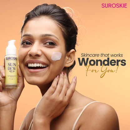 Woman applying skincare product with 'Surosokie' branding on an orange background