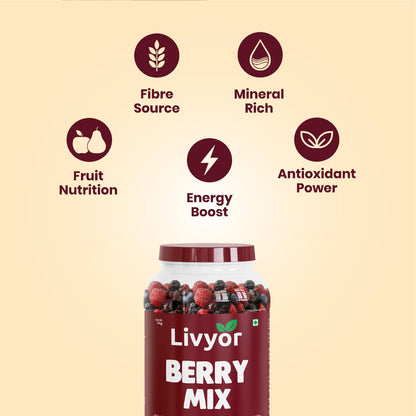 Livyor 5 in 1 Berry Mix for eating - 1kg | Good Source of Fibre | Dried Cranberries | Black Raisins | Cherries | Blueberries | Strawberries | Berry Blast | Berries dry fruits | Berries fresh | Pack of 1